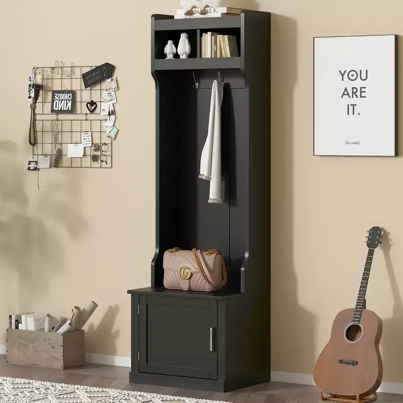 Minimalist Slim Hall Tree with Cabinet & 6 Hanging Hooks, Multi-functional Storage Bench with Coat Rack, Elegant Foyer Cabinet