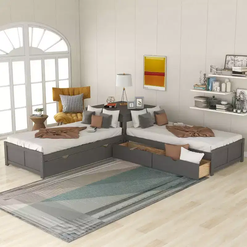 Twin Size L-Shaped Platform Bed with Trundle and Drawers Linked with Built-in Desk, Gray - ModernLuxe