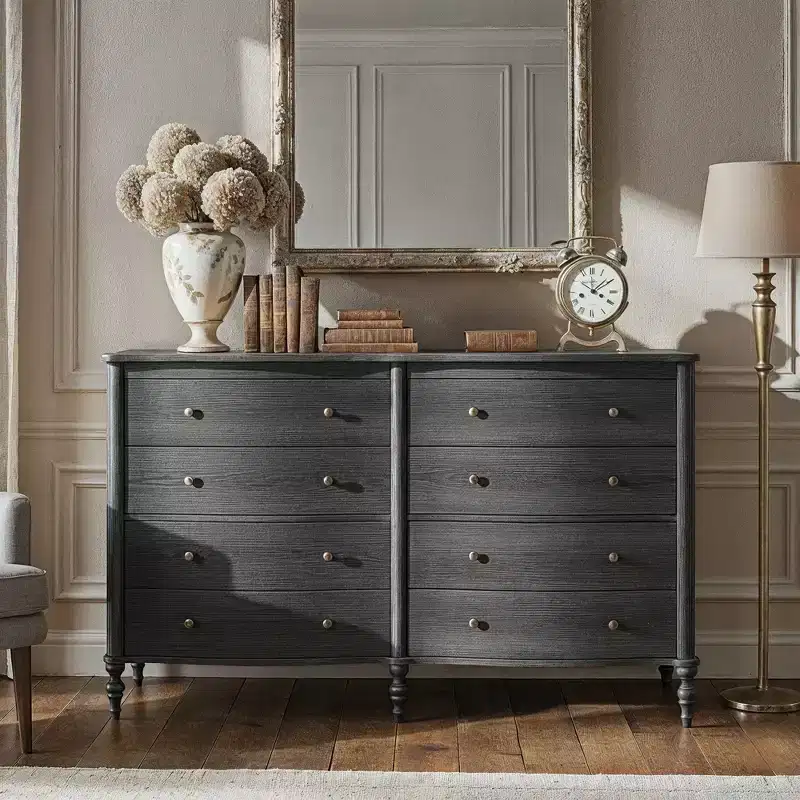Black/Light Oak Curved-Front Vintage Dresser with 8 Drawers, Bedroom Storage with Bronze Knobs