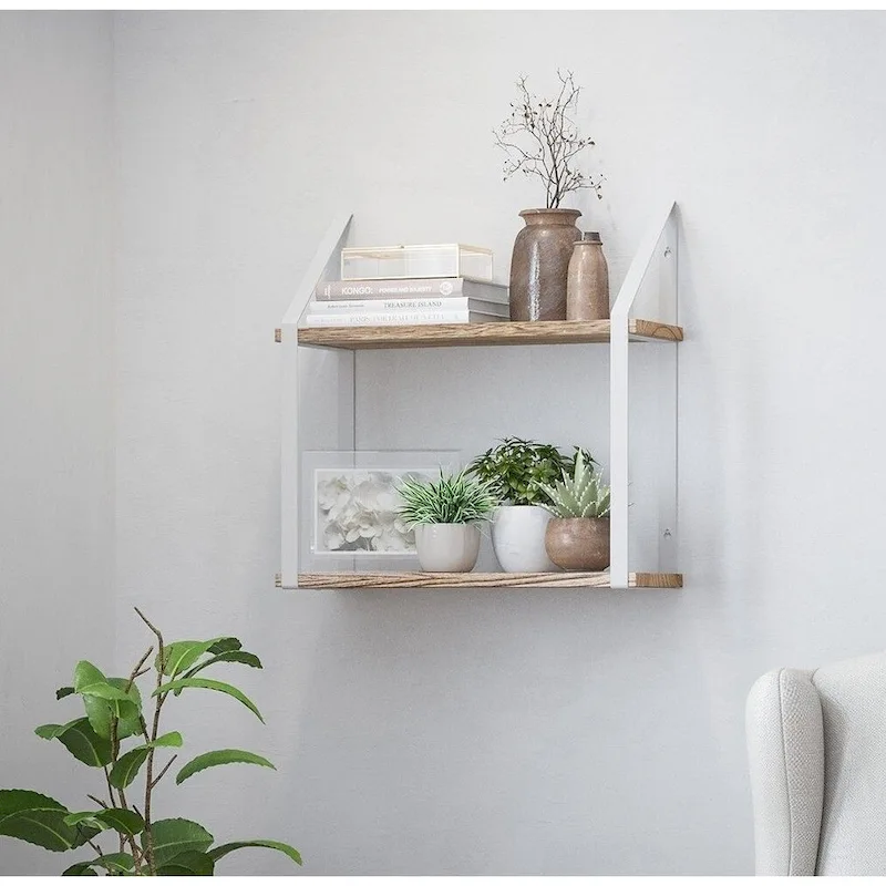 2-Tier Floating Wall Shelves with Metal Brackets, 17x6, Burnt Wood Finish