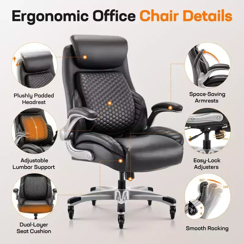 Ora Maison Ergonomic Office Chair  High Back Leather Desk Chair with Spring Support & Flip-Up Arms