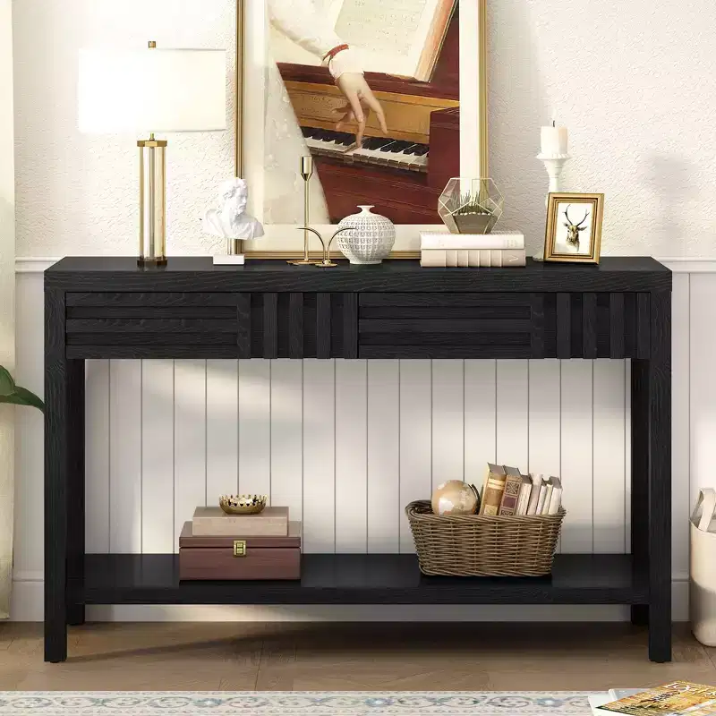 Okak 51.3IN Modern Console Table with Ash Veneer and Striped Design, Entryway Table with 2 Drawers, Hallway Table for Living Room, Foyer, Black