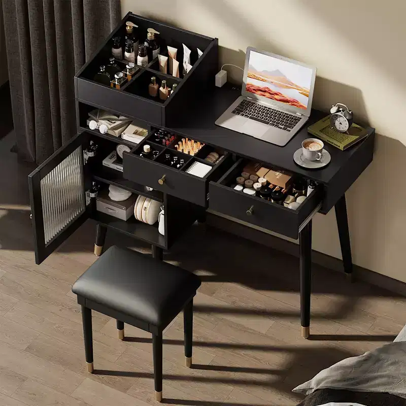 GDFStudio Ramesh Modern Space-saving Dressing Table Set with Stool, Charging Port, Drawers, Cabinet