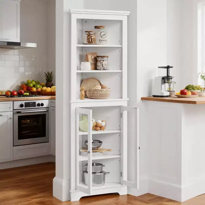 Freestanding Corner Cabinet with Glass Doors - Tall Bookcase - Adjustable Shelves - Modern Space-Saving Storage