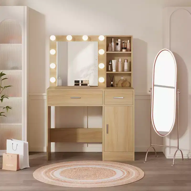 Vanity Desk with Mirror, Outlet and 10 Lights, Makeup Table with 3 Drawers,3 for Bedroom
