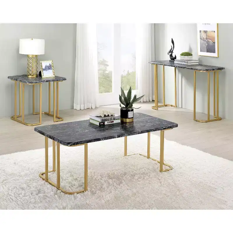 3pc Trillick Coffee Table Set with Faux Marble Top Gold/Black - miBasics: Mid-Century Modern Metal Frame, Powder-Coated Finish