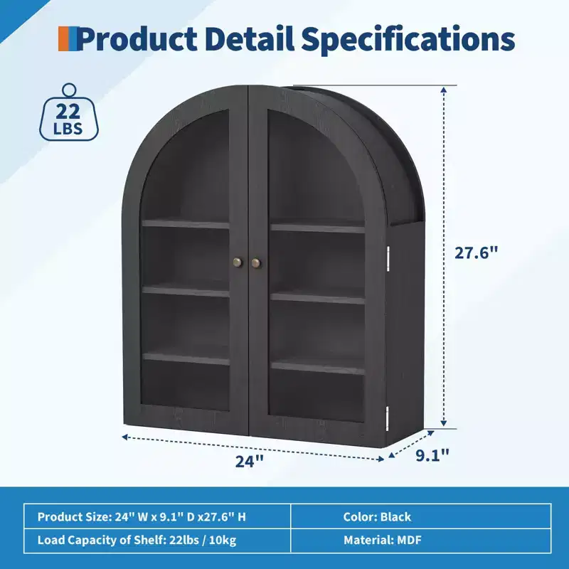 Arched Wall Cabinet, Small Wall-Mounted Bathroom Medicine Cabinet with Doors & Adjustable Shelves, Space-Saving Storage Organizer for Kitchens