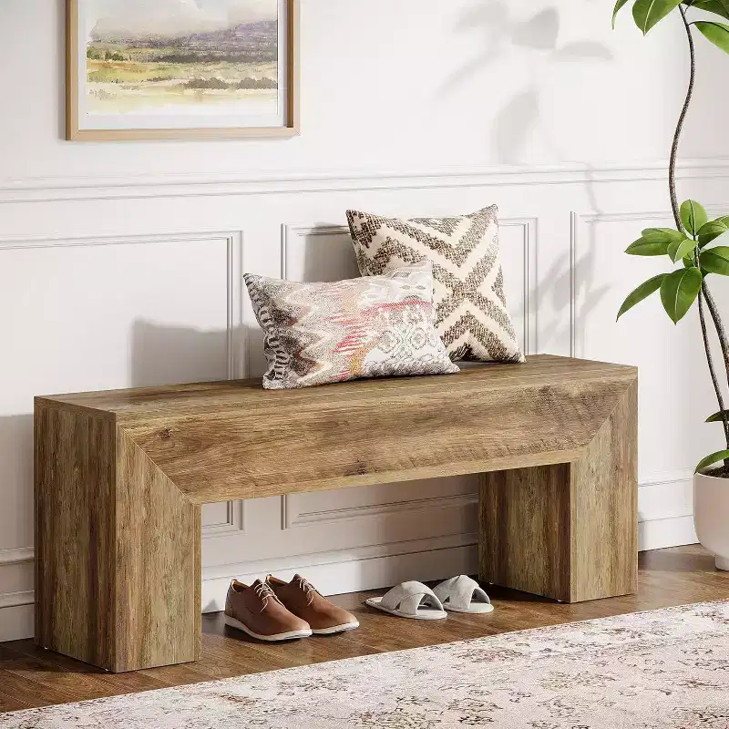 Lantine 7'' Wooden Entryway Bench, Farmhouse Entry Bench Seat, Indoor End of Bed Bench for Living Room, Bedroom, Hallway, Easy Assembly, Oak Brown