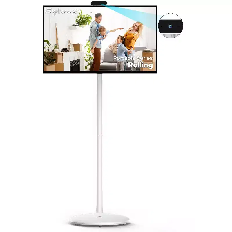 SYLVOX 32 Rolling TV with Camera, Large Tablet on Wheel, 1080p TouchScreen, 10000mAh Battery, Voice Remote, Dual 10W Speakers, Full Swivel, White
