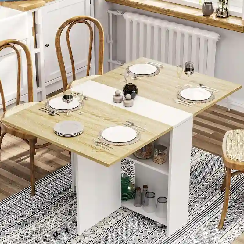 Folding Dining Table with 6 Wheels Drop Leaf Tables