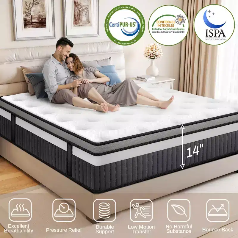14 Cooling Relief Gel Memory Foam King Mattress, Mattress in a Box, Medium Firm, Cooling Breathable Design, Motion Isolation