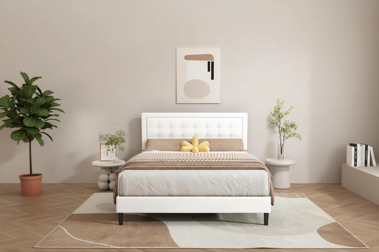 Upholstered Platform Bed Frame with Button-Tufted Headboard – No Box Spring
