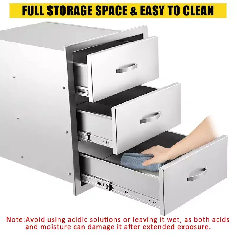 3-Tier Outdoor Kitchen Drawers Stainless Steel BBQ Drawer, 14 W x 23D x 21H, Enclosed Box Frame Style Flush Mount w/ Handle