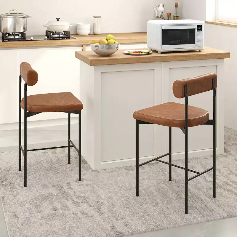 Costway 26 Upholstered Bar Stools Set of 2 with Padded Cushion & Backrest Footrest Brown/Gray