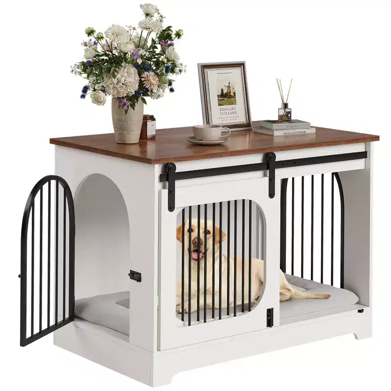 Dog Crate Furniture - Wooden Kennel with 3 Doors & Bed Mat, Multi-Functional Side Table