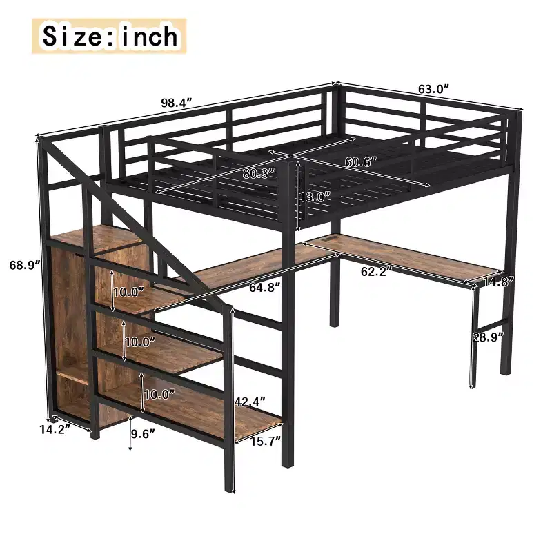 Queen Size Loft Bed with L-shaped Desk and USB Metal Loft Bed with Wardrobe and Adjustable