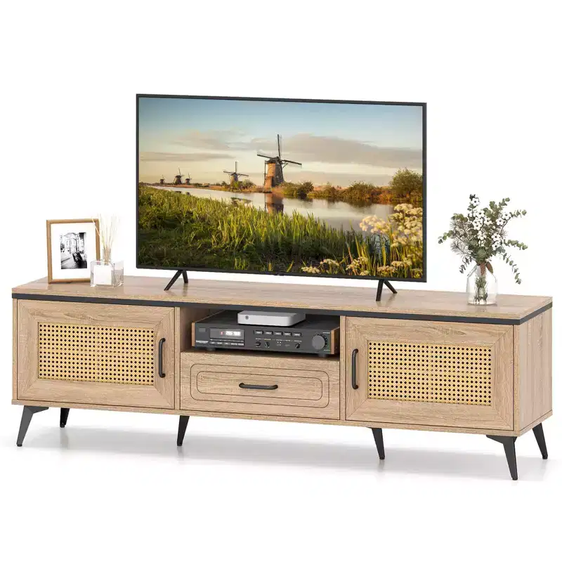 Boho TV Stand for 65 Inch TVs, Modern Entertainment Center with Drawer & 2 Storage Cabinets