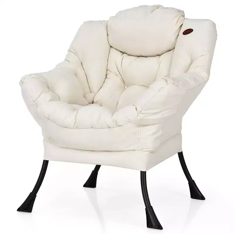 Costway Modern Polyester Fabric Lazy Chair Single Sofa Chair w/ Side Pocket Navy/Beige/Grey/Brown