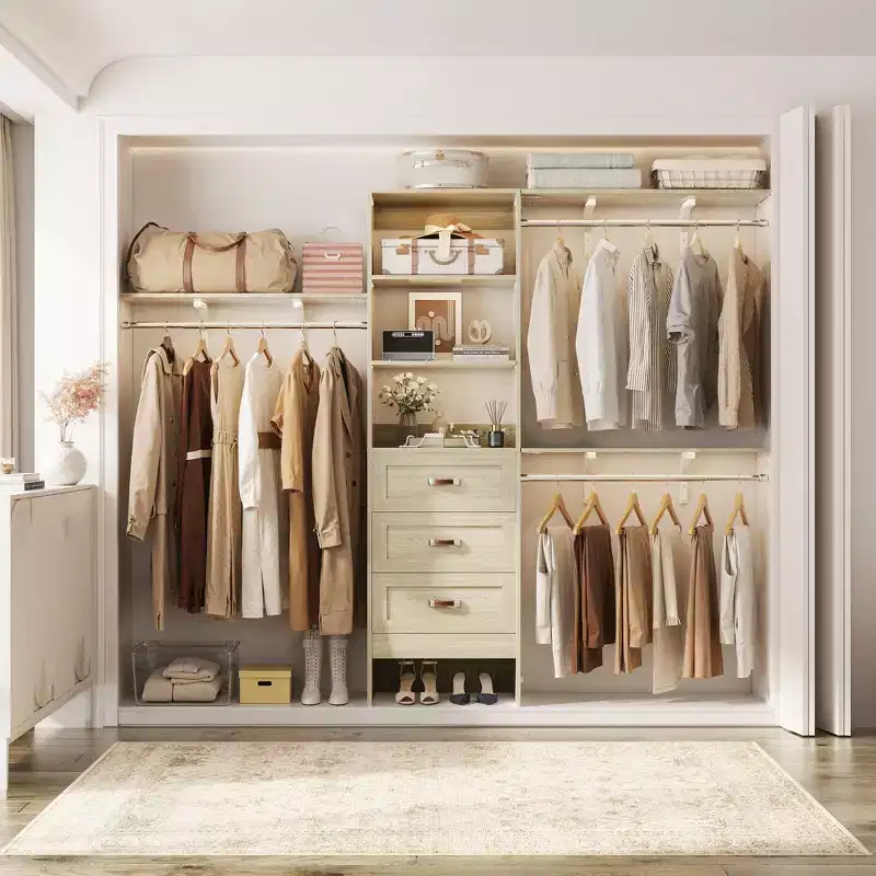 Besiost Closet Organizer System with Hanging Rods and Shelves, Wardrobe System with Drawers