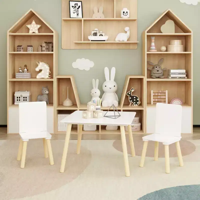 Etokfoks Kids Table and 2 Chairs Set White Solid Wood and MDF 23.6 x 23.6 x 17.3 in Table 13.4 x 11.8 x 20.1 in Chairs