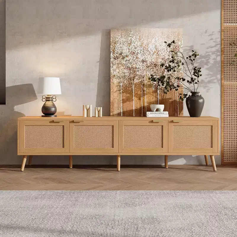 70 TV Stand for TVs up to 80, Natural Media Console with Rattan Doors & Cable Holes, TV Entertainment Center - ModernLuxe
