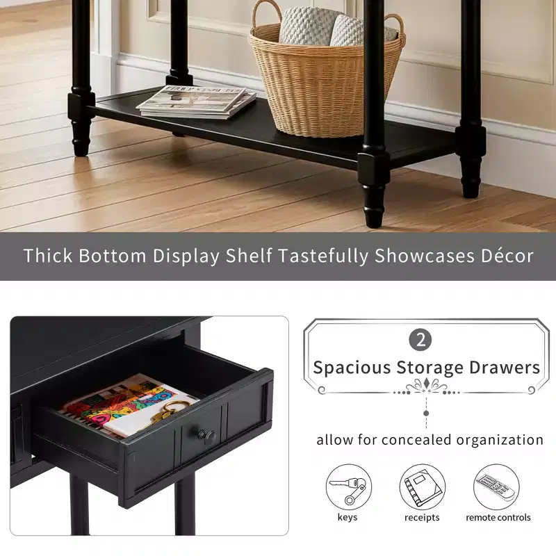 Traditional Entryway Console Table with 2 Drawers and Bottom Shelf, Solid Pine Wood