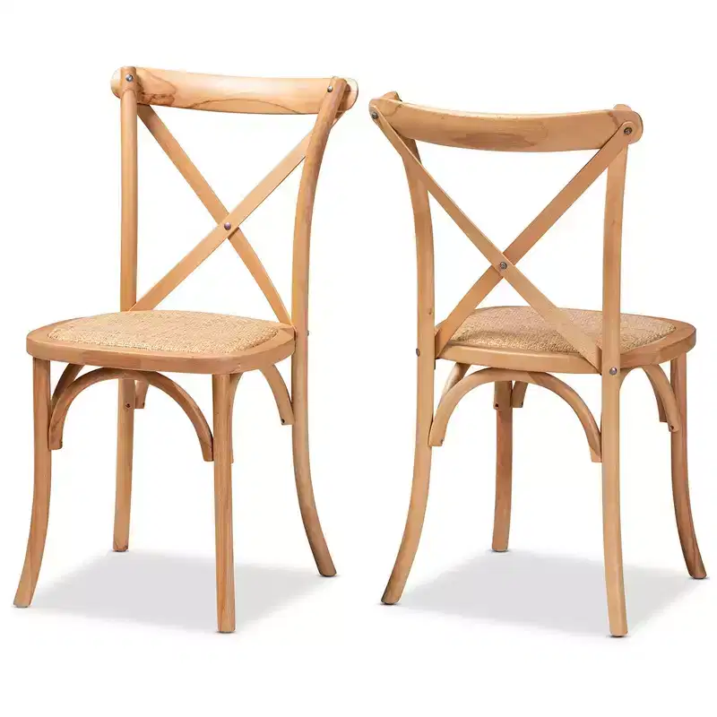 2pc Tartan Woven Rattan and Wood Dining Chair Set Brown - Baxton Studio: Beech Frame, No Assembly Required