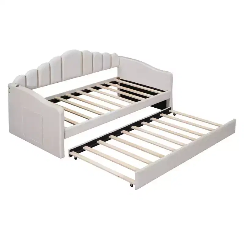 Twin Size Upholstered Daybed With Trundle, Velvet Day Bed With USB Charging Ports, No Box Spring Needed