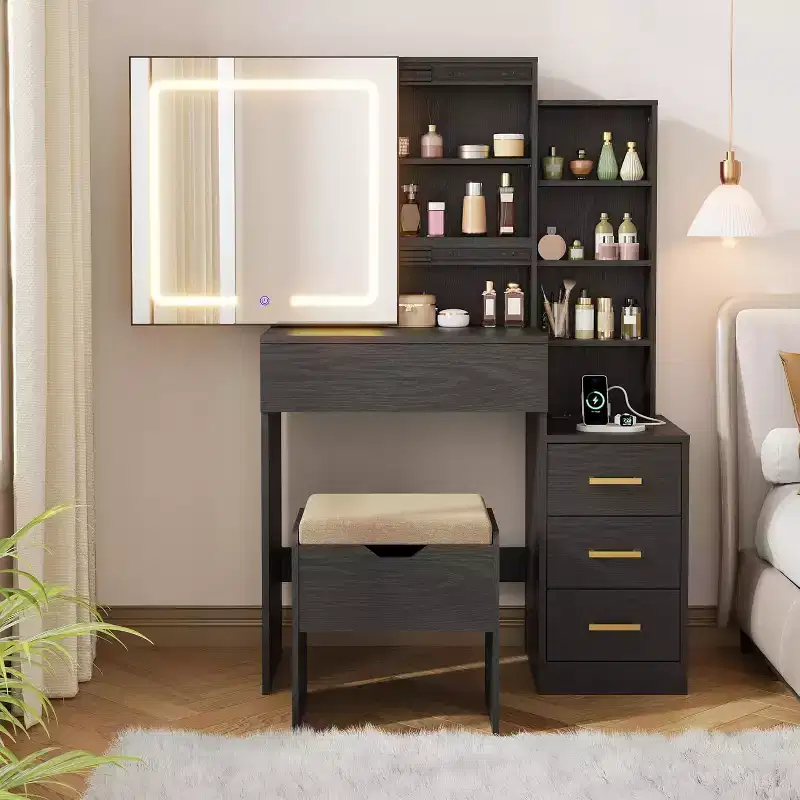 Makeup Vanity Desk with Sliding Mirror, Vanity Dressing Table with 3 Color Lights, Girls Vanity Set with Stool,4 Compact Drawers,Power Outlet