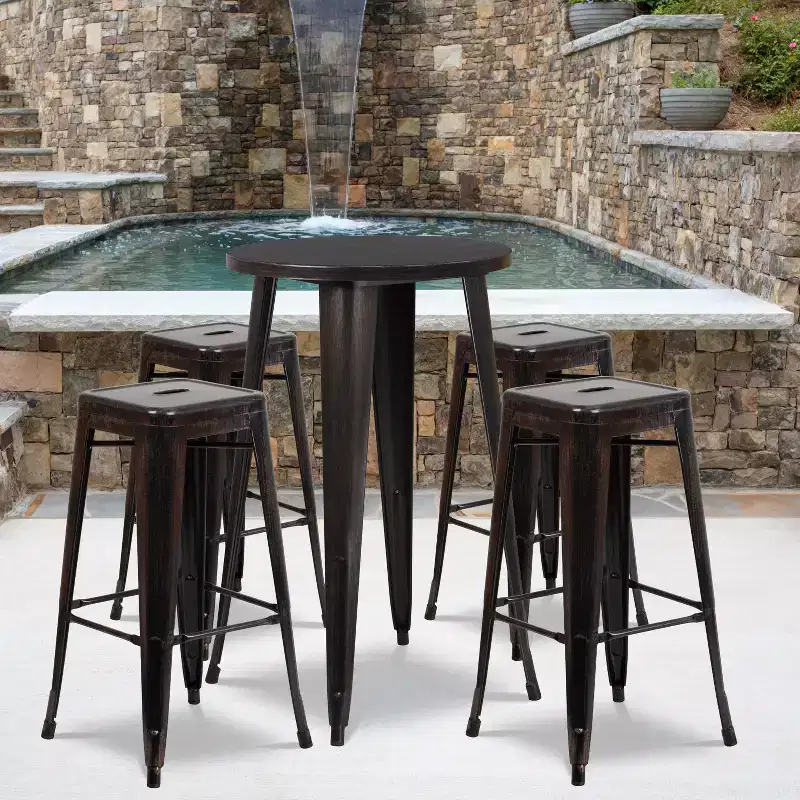 Emma and Oliver Commercial Grade 24 Round Metal Indoor-Outdoor Bar Table Set, 4 Backless Stools