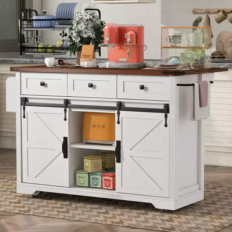 JVNOXK-53.7-inch rustic kitchen island with power outlets, double sliding doors with folding shelves, spice rack on wheels, white