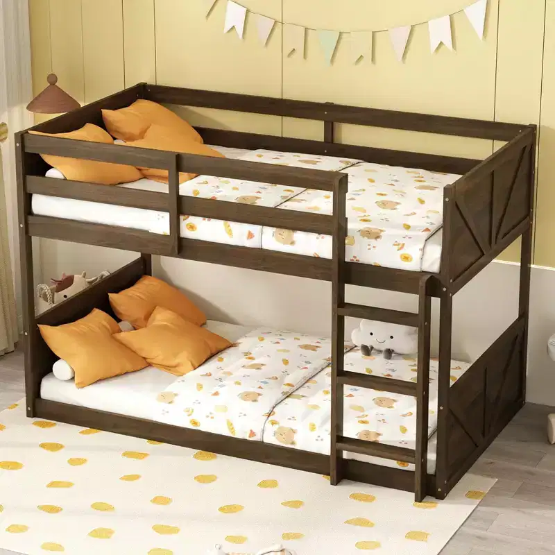 Floor Bunk Bed Twin over Twin with Headboard and Footboard for Kids Teens, Solid Wood Bunk Bed Frame with Ladder and Guardrail