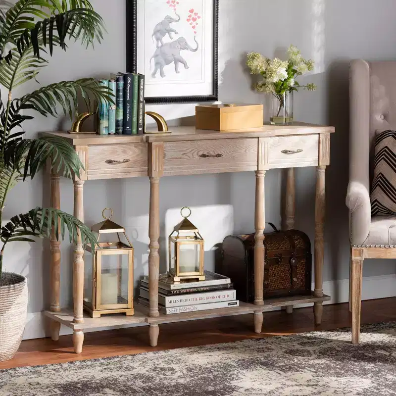 3 Drawer Console Table Oak Studio: Whitewashed, Antique Gold Tone Pulls, Lower Shelf