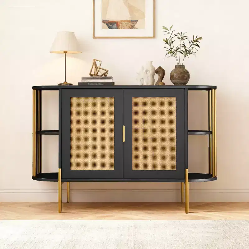 2-Door Curved Sideboard with Gold Trim & Woven Rattan Doors, Black