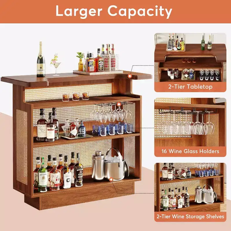 Rattan Home Bar Unit, Farmhouse 4-Tier Bar Table with 4 Stemware Racks , Caramel Brown