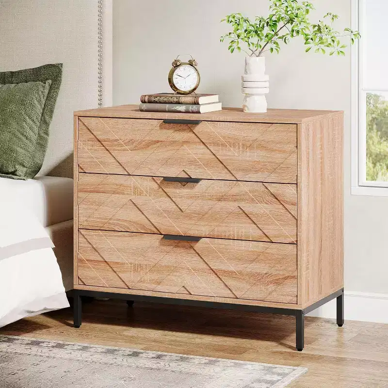 Lantine Wooden Nightstand with 3 Drawers, 31 Wide Night Stand with Metal Legs, Modern Large Bedside End Table for Bedroom, Living Room