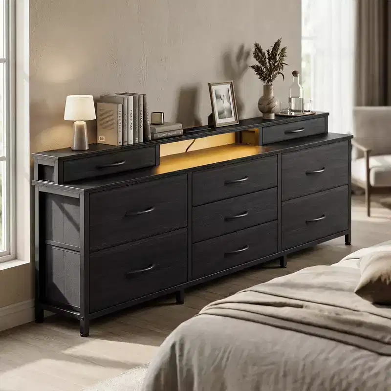 Large Fabric Chest of Drawers 63 Inch Wide 9 Drawer Dresser LED Lights Power Outlets Shelves Storage Organizer Bedroom Black Wood Top
