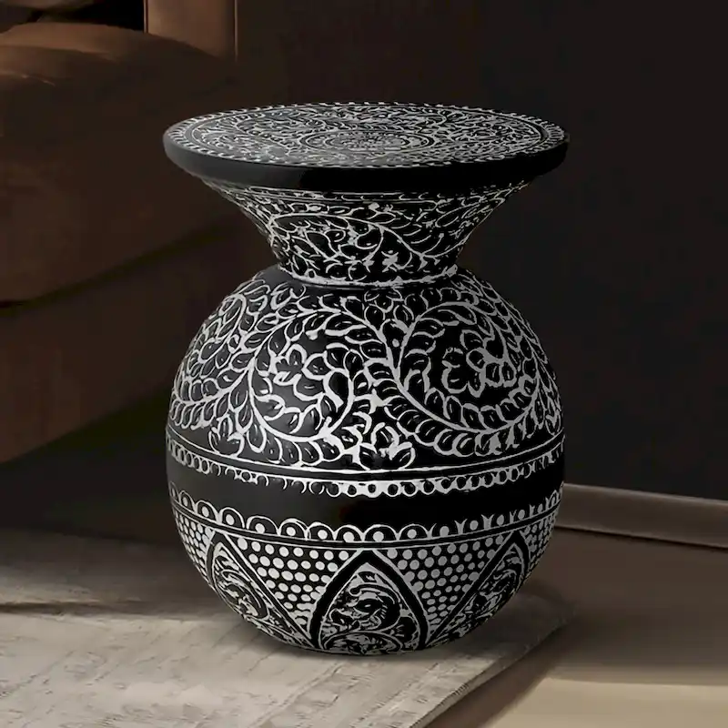 Black and White Side Table with Bohemian Pattern
