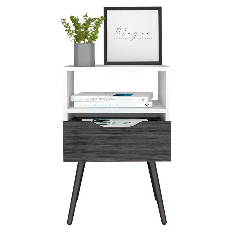 Modern Nightstand with Open Shelf and Single Drawer, Smokey Oak / White Finish