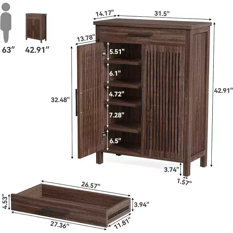 Narrow 6-Tier Wooden Shoe Rack with Drawer, Freestanding Slim Organizer for Entryway or Bedroom, Walnut