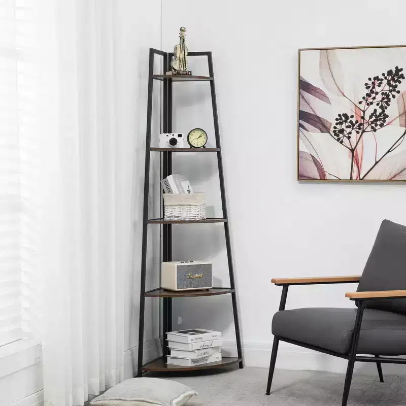 5 Tier Tall Corner Shelf Stand Large Capacity Corner Bookshelf for Living Room Kitchen Small Space (18.10 x 18.10 x 70in) Brown One Size