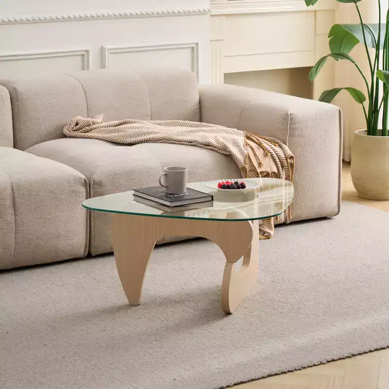 Triangle Glass Top Coffee Table – Clear / Natural Wood