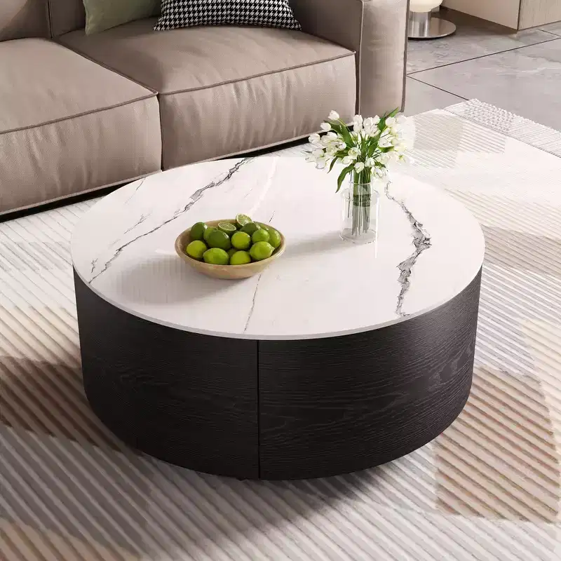 Whisen Modern Round Coffee Table with Sintered Stone Top, 2 Drawers & Rolling Casters