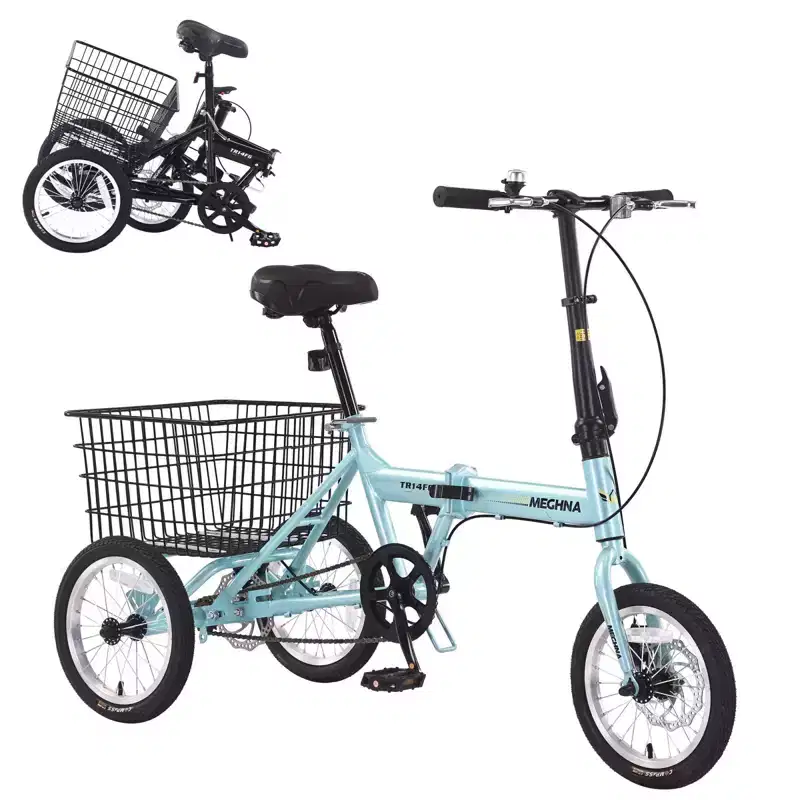 NAYSAYE Adult Folding 3-Wheel Tricycle with Basket, Collapsible Steel Frame and Large Load Capacity, Light Blue, 53.54*23.23*39.49