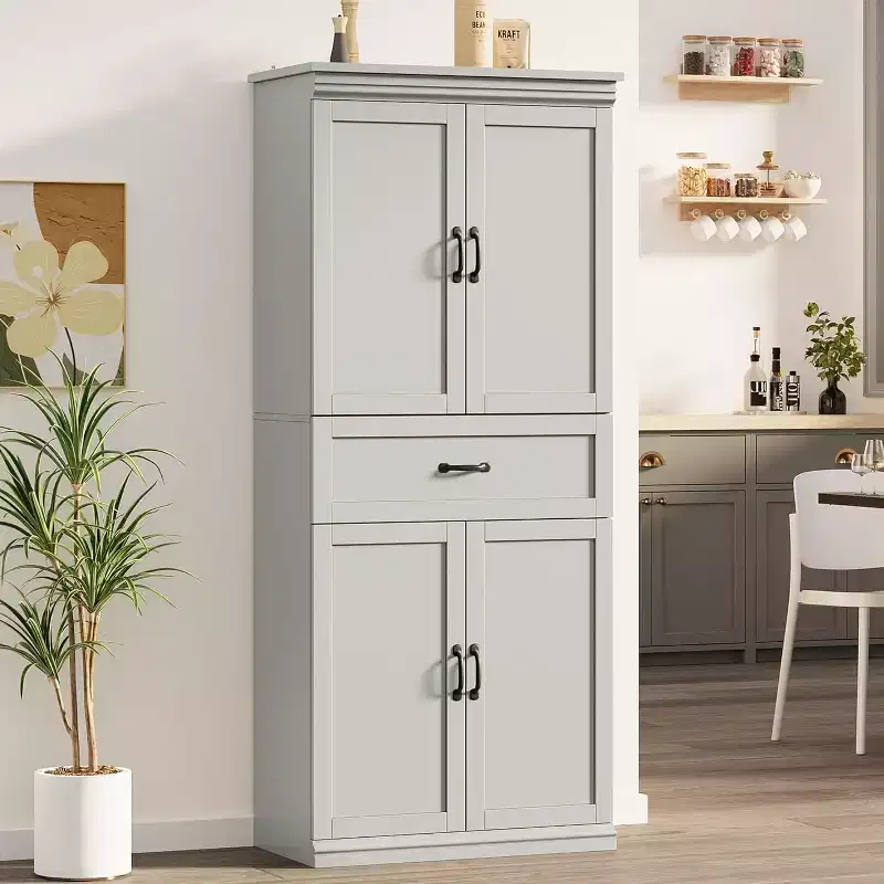 70 Tall Kitchen Pantry Cabinets, with 4 Doors, 2 Adjustable Shelves, Modern Wood Cupboard, Tall Freestanding Kitchen Storage Cabinet