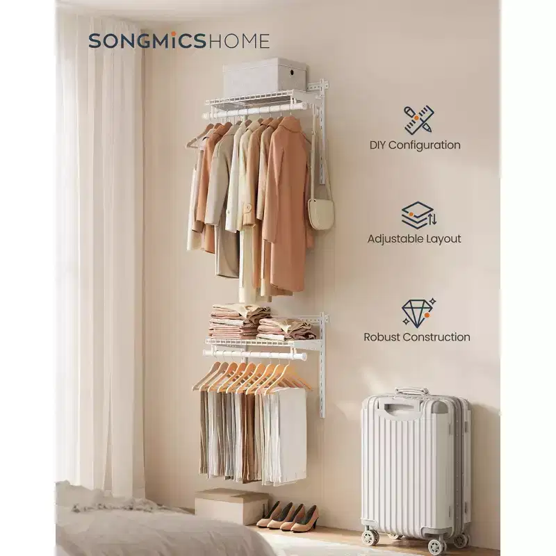 2-4 ft Adjustable Closet System - Metal Shelving Unit with 2 Rods & Shelves, 141 lb Capacity, for Wardrobe/Pantry, Cloud White
