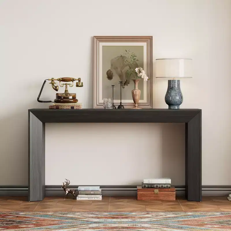Modern Console Table & Entryway Table, Sturdy Sofa Table with Fireplace Design, Wood Veneer Top