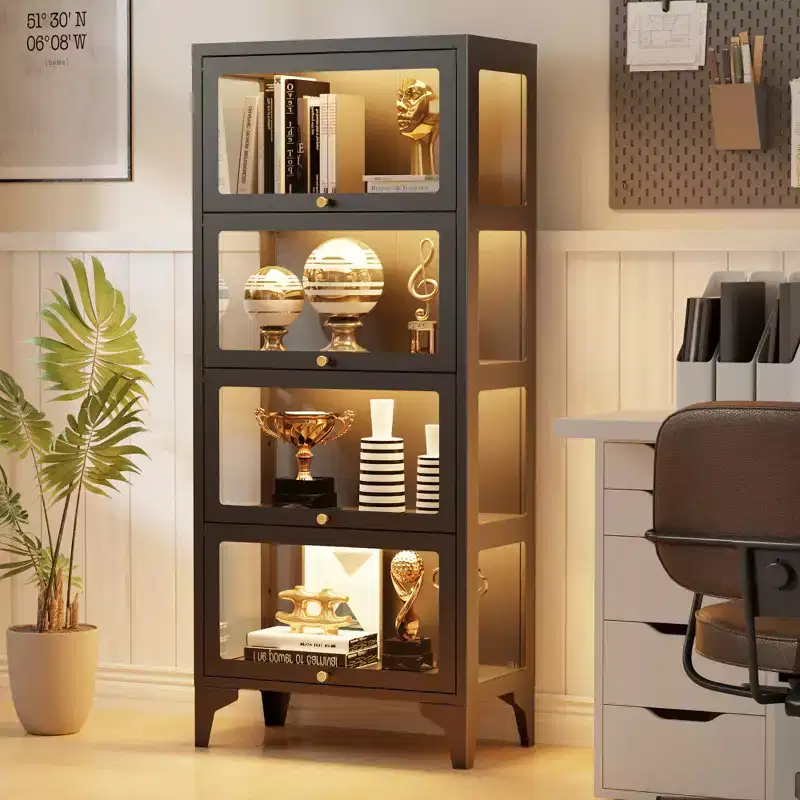 Bekrvio 4/5 Tier Glass Display Cabinets with Flip-Up Doors, Curio Cabinet with 13-Color, 3-Side Tempered Glass Metal Display Cabinet