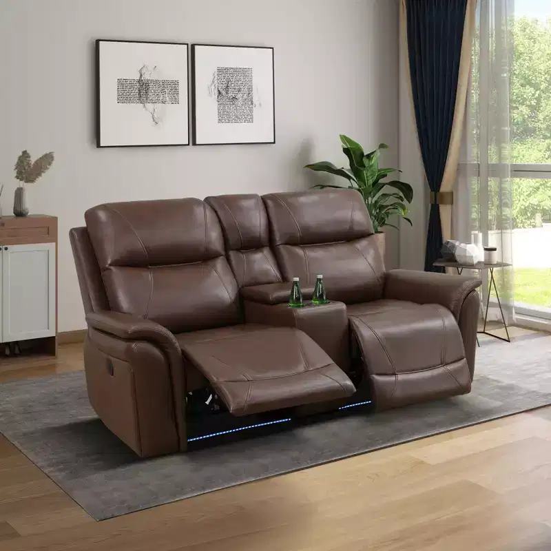 Electric 2-Seat Leather Reclining Loveseat with USB Charging, Storage & Cup Holders for Living Room, Reddish Brown