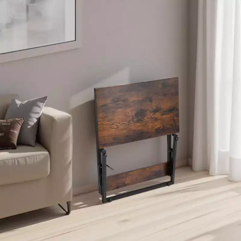 Folding C Shaped End Table with Metal Frame & Adjustable Feet, Brown+Black